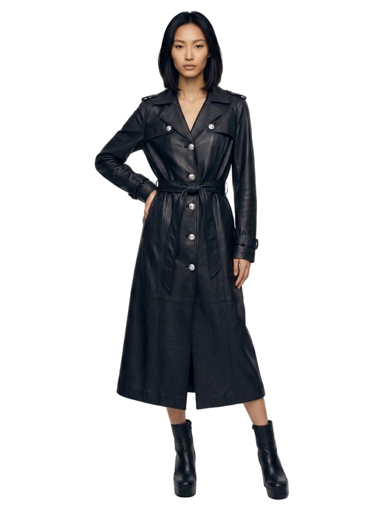 dennis basso Jackets & Blazers - DENNIS BASSO Trench coat Black faux leather Full length Vintage SMALL Trending